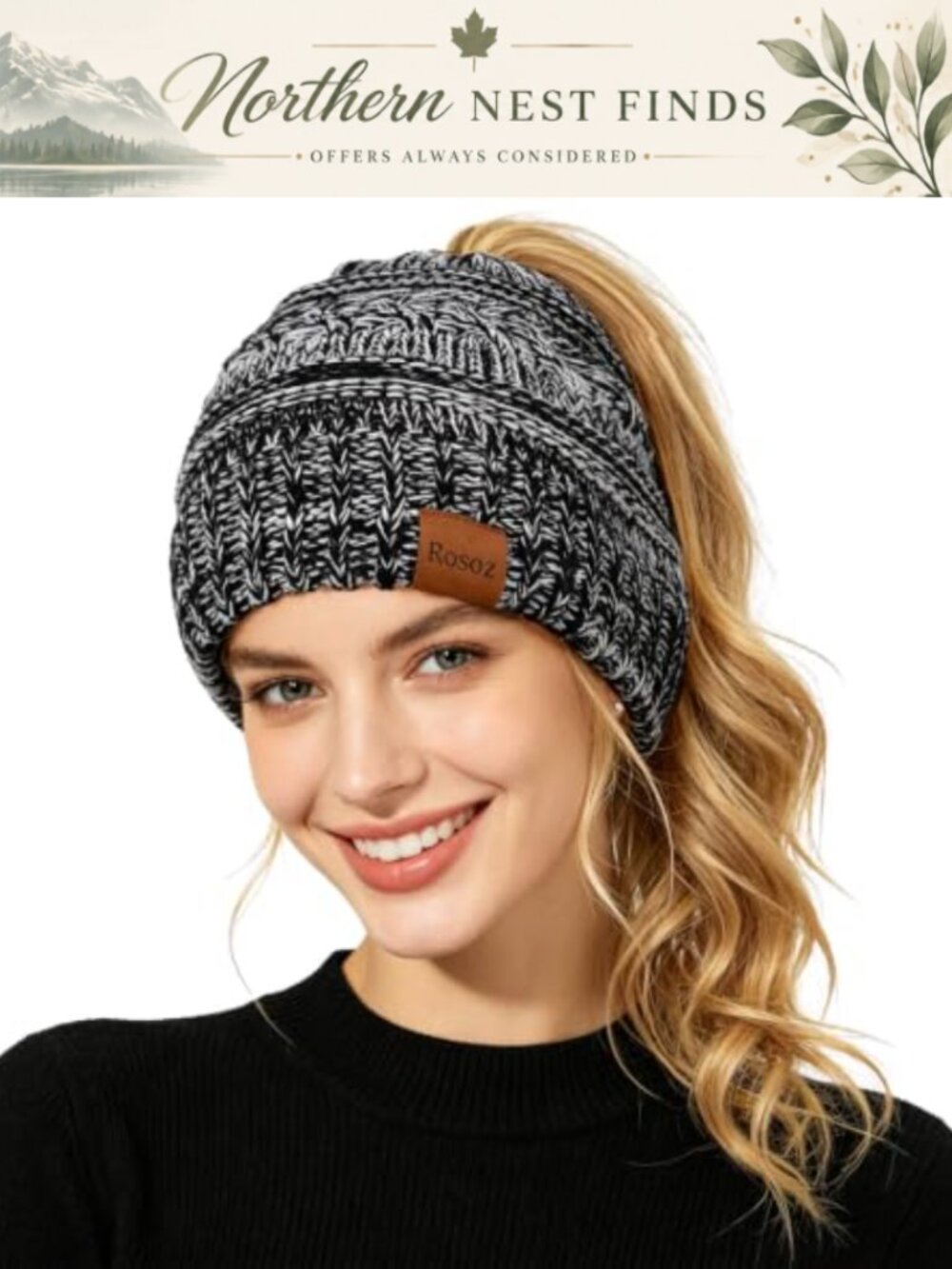 Cable Knit Ponytail Beanie Messy Bun Winter Hat Soft Stretch